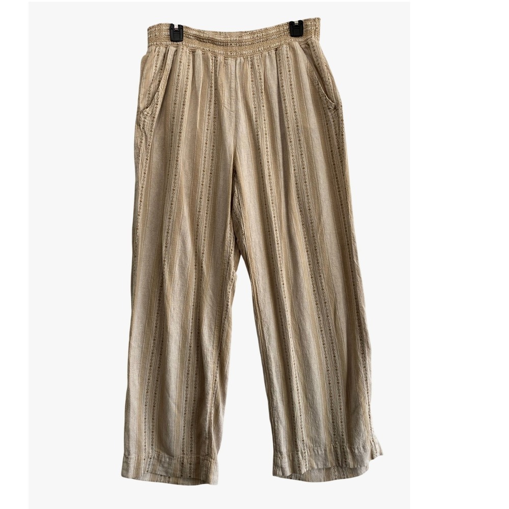 Briggs Linen Blend Pants Women L Beige Striped Smocked High Rise Wide Leg